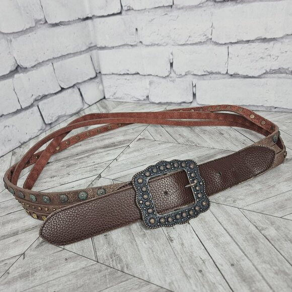 Studded 3 Strand Brown Leather Belt Womens M Country Western Rodeo Bling - Picture 1 of 11